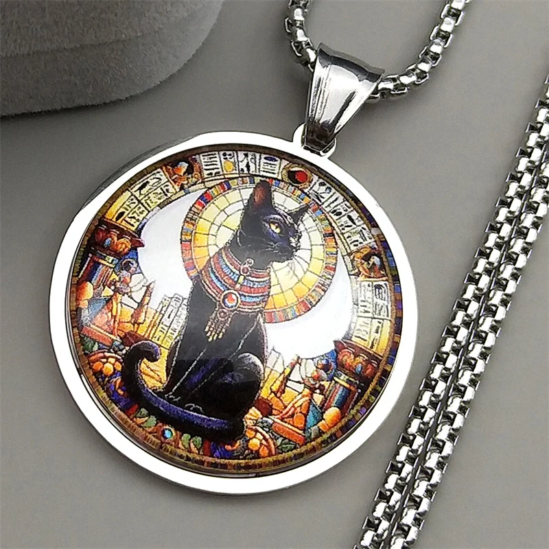 خمر المصرية القط الأسود آلهة الباستيت قلادة الفولاذ المقاوم للصدأ الذهب والفضة اللون مصر القديمة القلائد تميمة المجوهرات #5