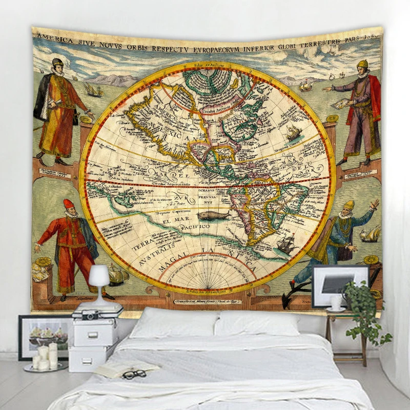 World Map HD Tapestry World History Civilization Map Fabric Wall Decoration Watercolor Map Letters Polyester Tablecloth