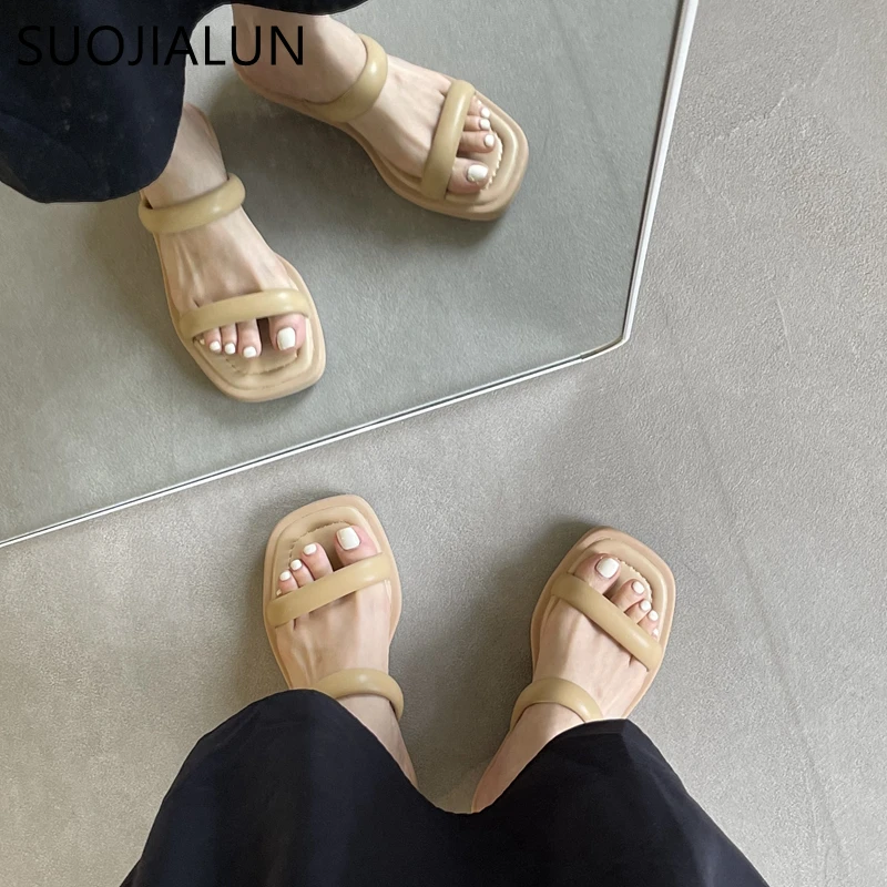 SUOJIALUN Summer Narrow Band Ladies Slipper Fashion Round Low Heel Women Sandal Casual Outdoor Beach Slides Slip On Flip Flip 40