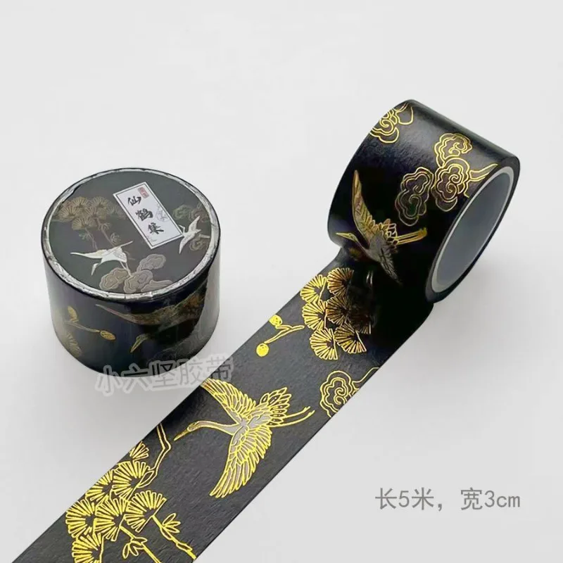 Japanese Retro Chinese Style Gold Foil Washi Tape with Crane & Wave Design for DIY Scrapbooking, Gift Box Decorations