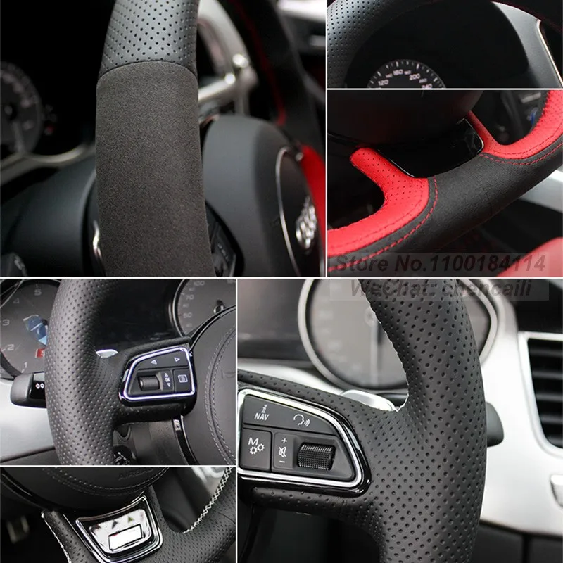 غطاء عجلة قيادة السيارة مصنوع يدويًا وغير قابل للانزلاق باللون الأسود والأحمر من الجلد الطبيعي لملحقات سيات ليون الداخلية