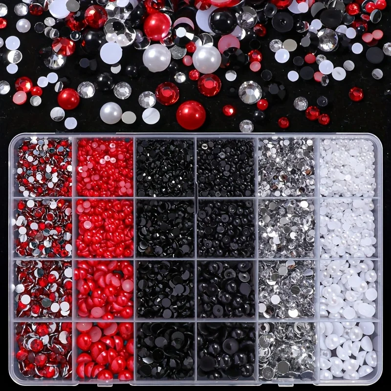 A Kit Containing 5300pcs of Flat Back Pearls And Rhinestones in Sizes Ranging from 3Mm to 8Mm, Featuring Black, Red, And White C