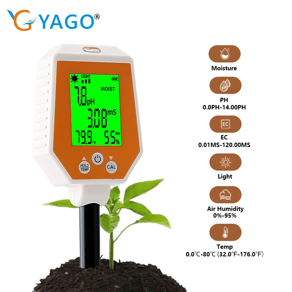 Medidor de Solo Digital Multifuncional Higrômetro ph Tester Umidade Umidade do ar Termômetro de Teste ce Painel Removível para Jardim