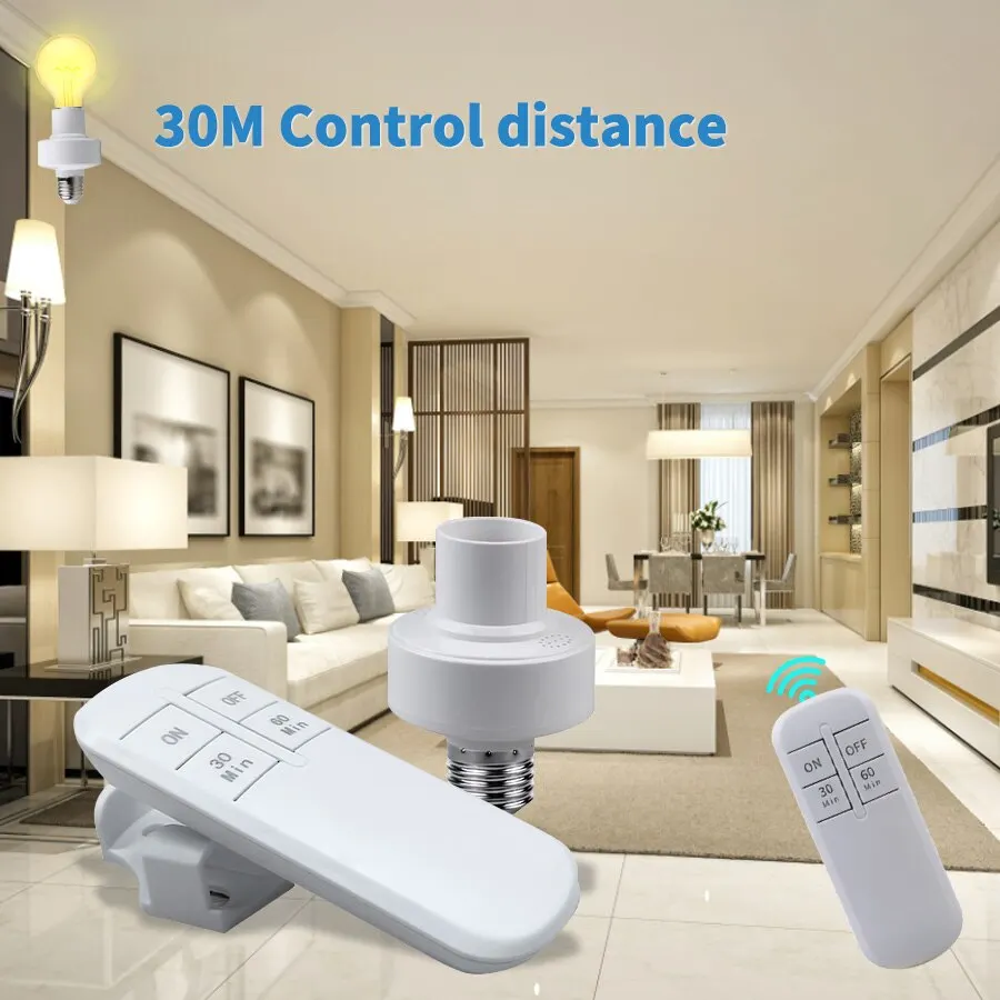 Smart Timer Switch Wireless Remote Control E27 15m Range Lamp Holder 110V 220V ON Off Light Bulb Base Socket Intelligent