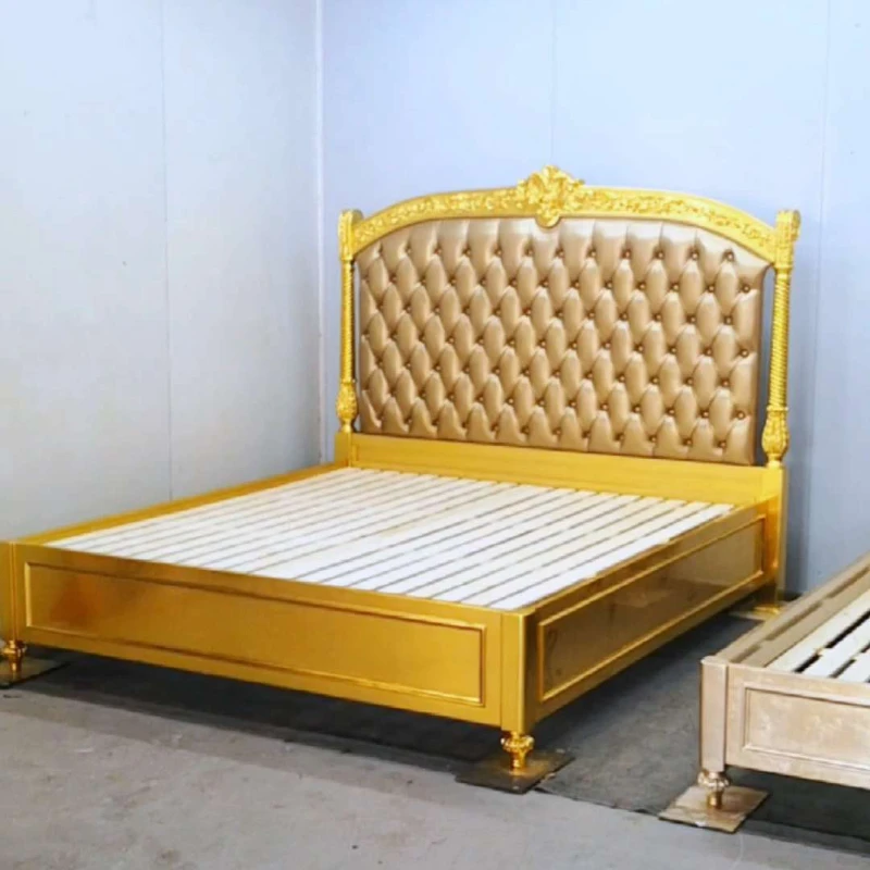 Luxury Gold Foil Fabric Double Bed French Court Villa Solid Wood Marriage Bed Furniture