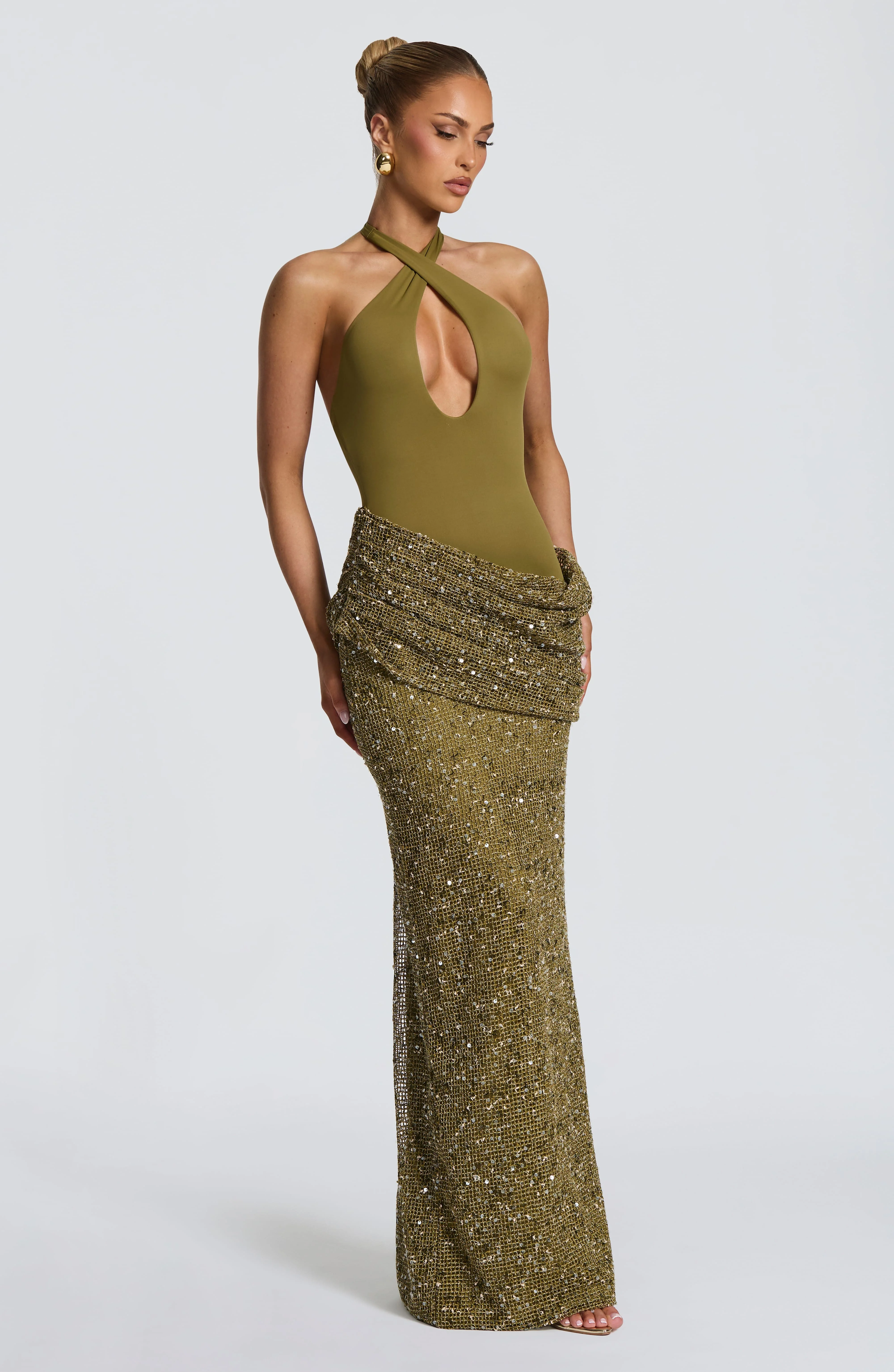Halter Neck Sequin Mermaid Maxi Dress Women Draped Ruched Bodycon Evening Gown Elegant Wedding Guest Formal Party Long Dresses view 3