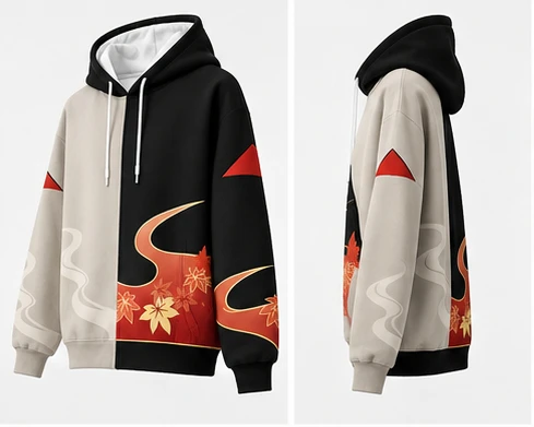 2026 Anime Aesthetic Hoodie Japanese Ukiyo-e Style Maple Leaf Flame Cloud Beige Black Split Hooded Sweatshirt Unisex