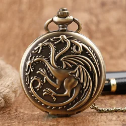 Three-headed Dragon Quartz pocket Watch Vintage Bronze Fire Monster necklace Vintage antique watch