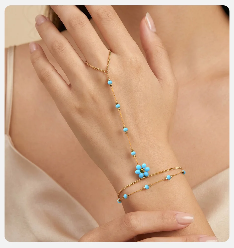 Vnox Boho Imitationsperlen Seestern Muschel Fingerkette Armband Trendiges 18K Vergoldetes CZ Schmetterling Handarmband Strand-Schmuck – Detail 5