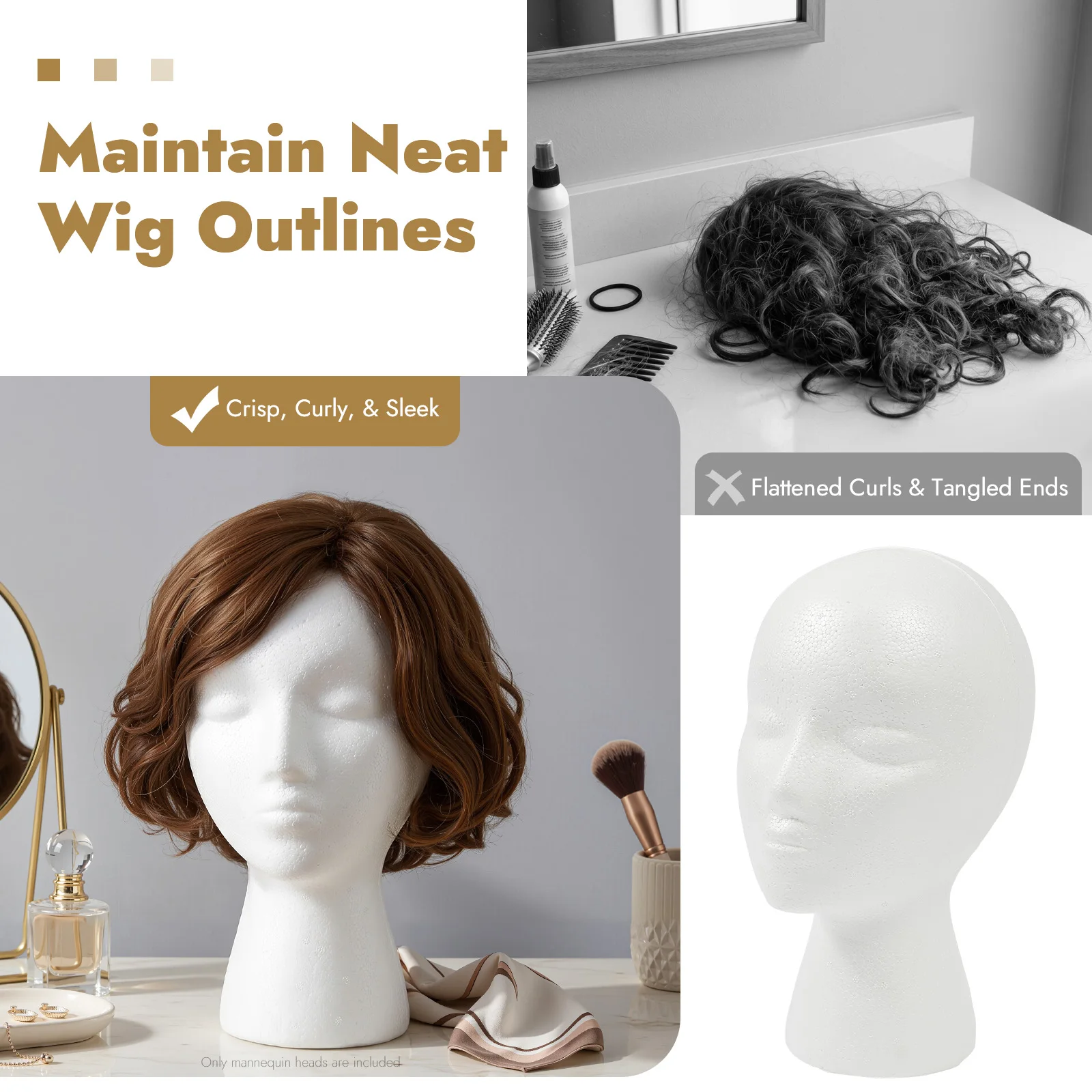 12 Pack EPS Foam Mannequin Head 53cm Circumference Wig Display Head Flat Bottom with Mount Hole for Hair Styling Practice Hat Headband view 4