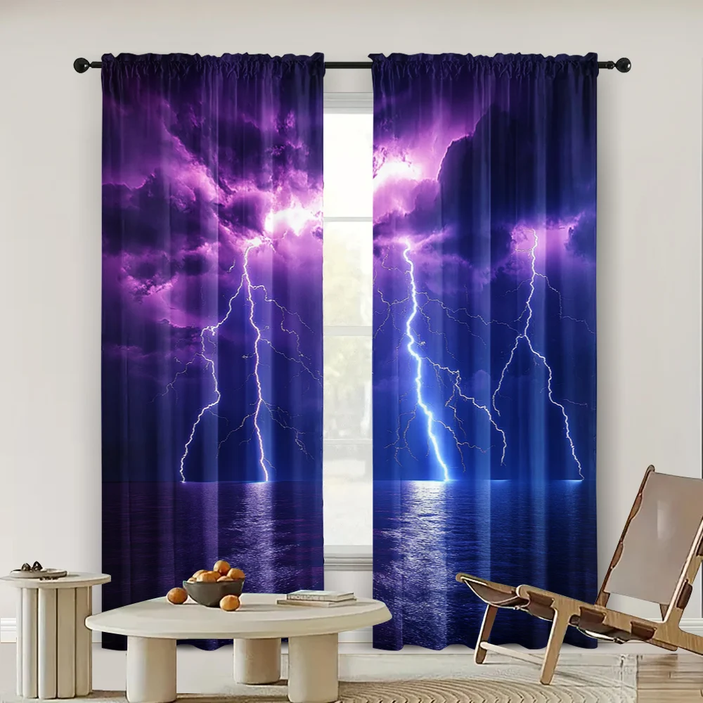 2pc,  Window Drapes Clouds sky night sea thunderstorm tornado bad weather disaster 100% Polyester,Without Electricity Versatile