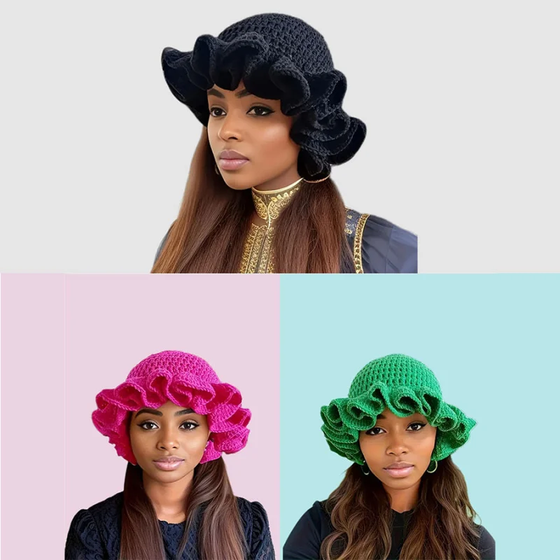 Cross-Border Hot-Selling Handmade Crochet Ruffled Bucket Hat Adult Lace Knitted Hat FashionTiktokRuffled Hat