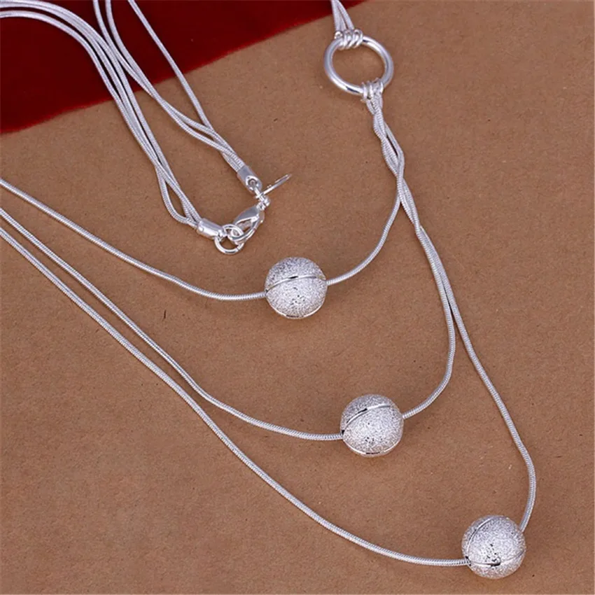 

925 silver Necklace Popular fashion Elegant jewelry charm Triple chain Charms women cute beads Lady pretty 45cm