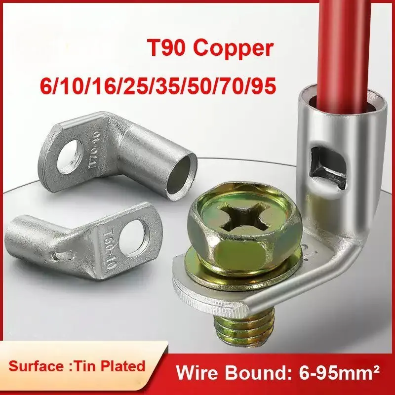5~100 PCS T90 Bent Terminal Right angle Crimp Terminal  Ring Lug Solid Red Copper Material For Electrical switch plug connection