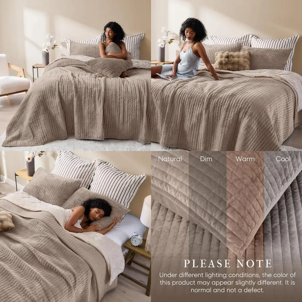 

Elegant Velvet Striped Quilt in Apricot Beige for Queen Size, Soft Lightweight Comforter, Pet-Friendly