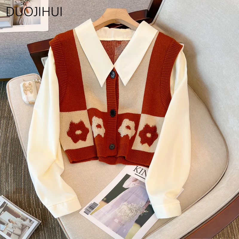 DUOJIHUI Fake Two Piece Knitting Sweet Female Cardigan Autumn New Basic Long Sleeve Simple Contrast Color Fashion Women Cardigan