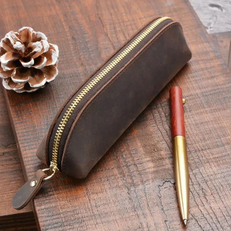 PU Leather Pen Holder Brass Snap Closure Fine Stitching Office School Use Gifts For Writers Students