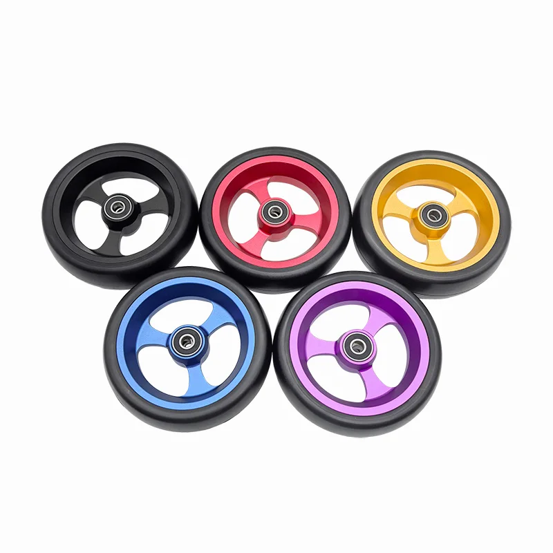 A pair of 5 inch wheelchair front wheels made of aluminum alloy with wear-resistant PU tires, high-speed, universal installation