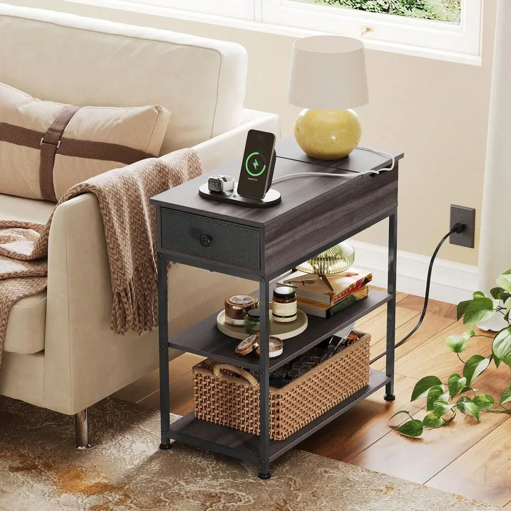 

Side Table With Charging Station, End Table For Living Room, Couch Side Table With Fabric Drawer For Bedroon