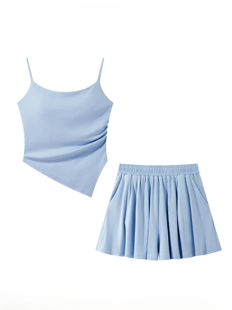

Blue Strap Vest A-Line Skirt Set Women's 2025 New Summer Lazy Style Two-Piece Suit Casual Fashion Ensemble for Teens