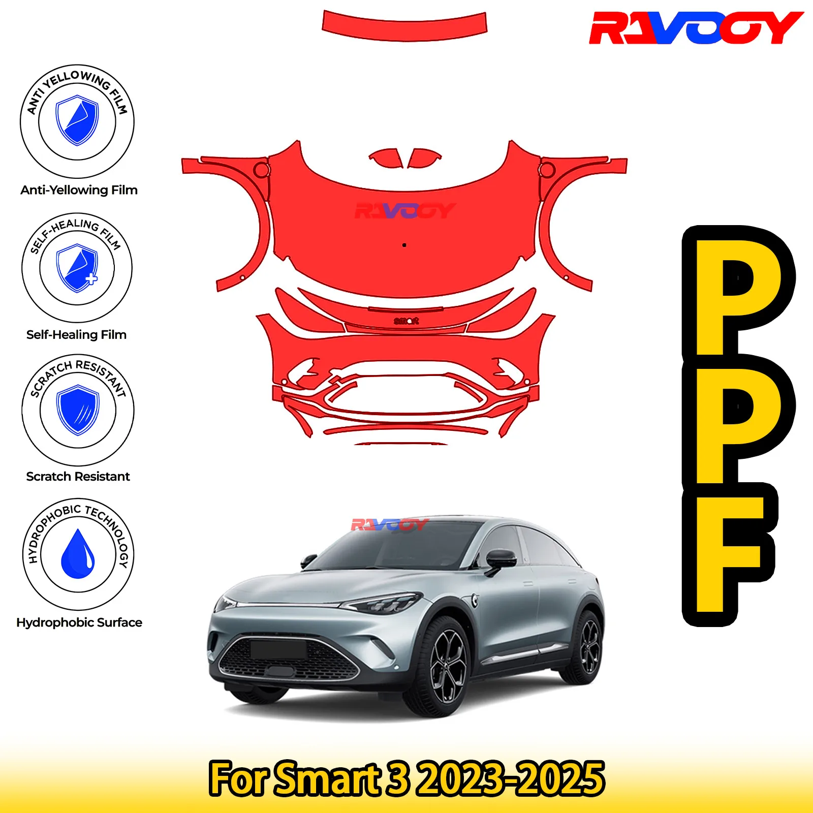 

Для Smart 3 2023-2025 глянцевая матовая черная предварительно вырезанная передняя защитная пленка PPF для защиты от краски