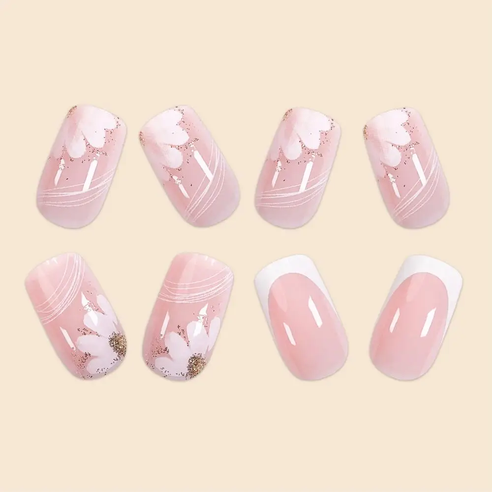 24Pcs Middle Size quare French Small White Flower Gold Glitter Powder Full Coverage Wearable Lady Fake Nails Set