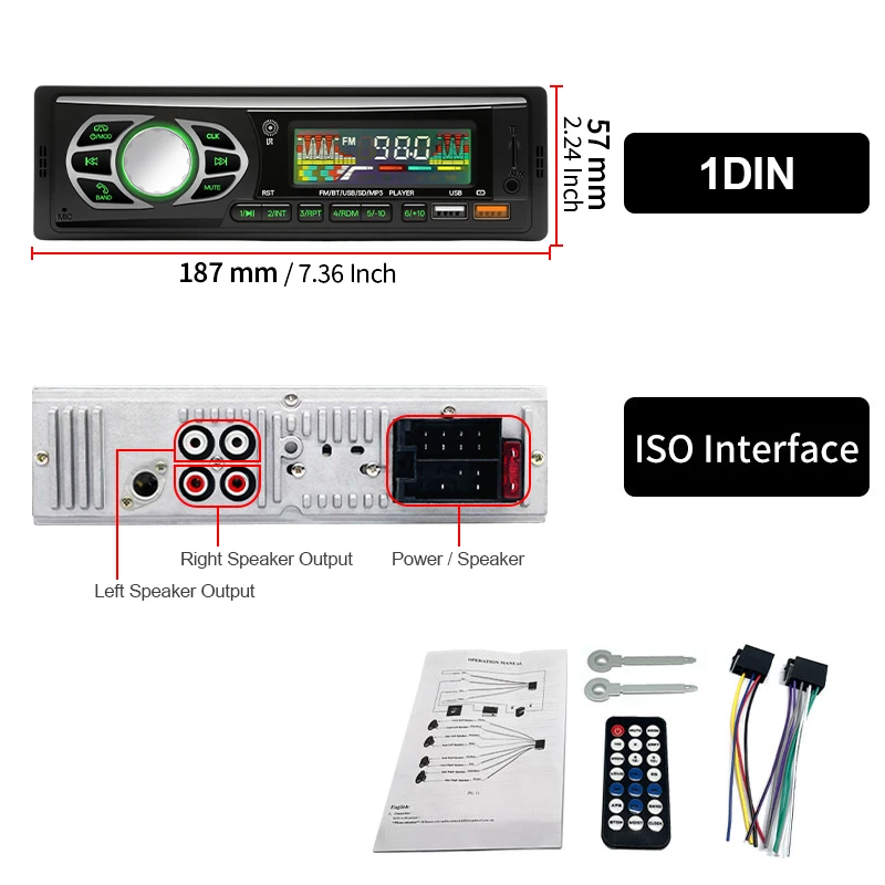 Hippcron راديو السيارة 1din الصوت بلوتوث مشغل MP3 ستيريو FM استقبال مع أضواء ملونة AUX/USB/TF بطاقة في داش كيت