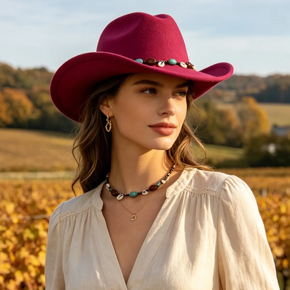 Vintage Roll Up Brim Cowboy Hat Wide Brim Solid Color Wide Brim Hat Beaded Hatband Western Fedora for Women & Men