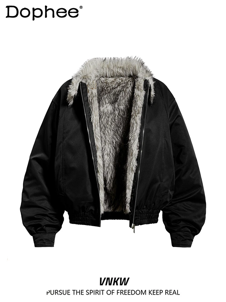 

American Retro Fashion Trend Plush Zipper Cotton Jacket Unisex Winter Loose Warm Thickened Short Jacket Coat