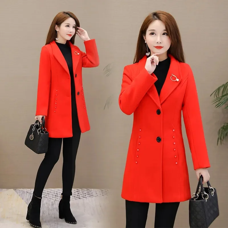 

2023 Winter New Woolen Coat Women's Mid length Korean Edition Women's Thickened Slim Fit Show Thin Autumn and Winter Woolen Coat