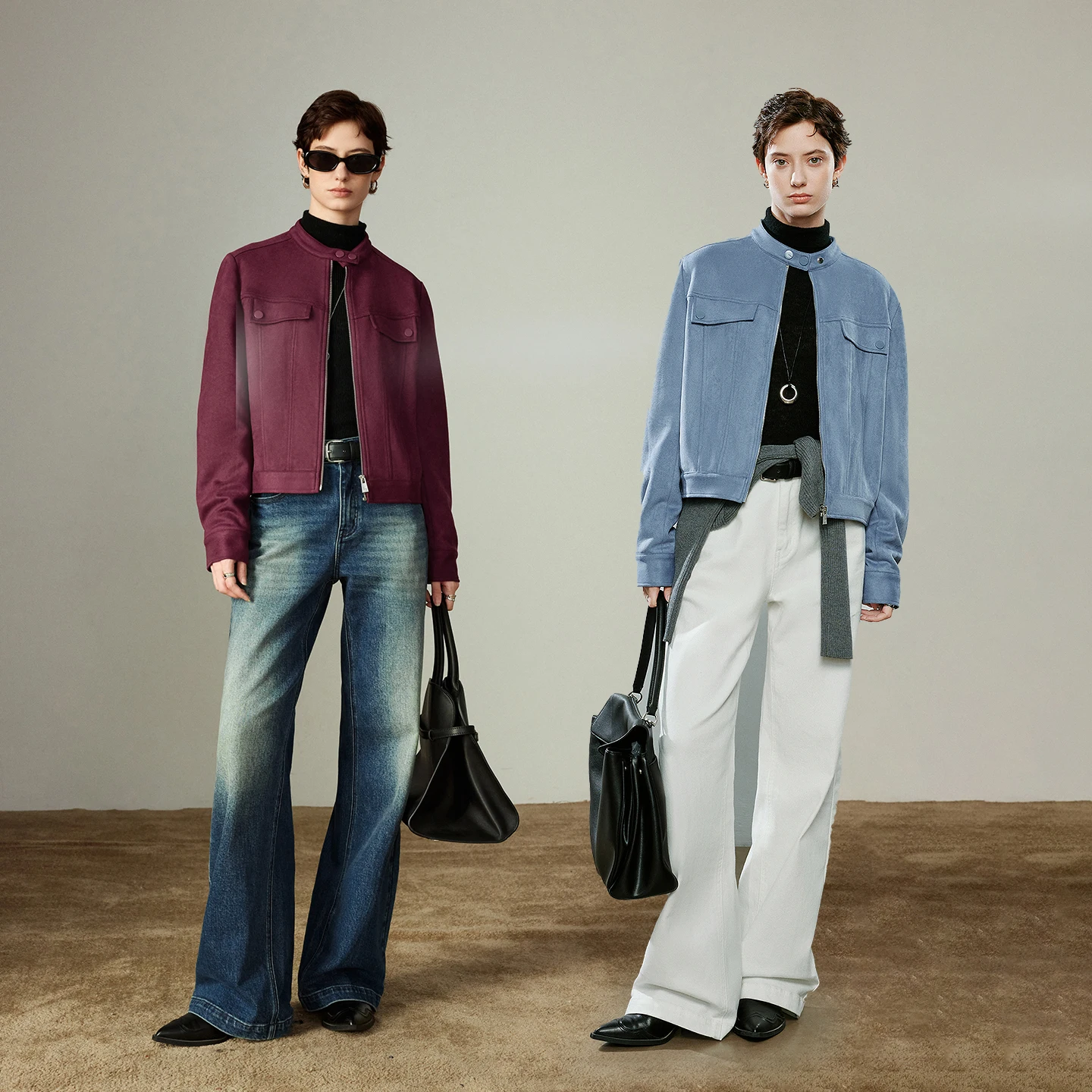 TOYOUTH Giacche da donna 2025 Inverno Nuova cerniera Colletto rialzato Capispalla retrò azzurro in pelle scamosciata