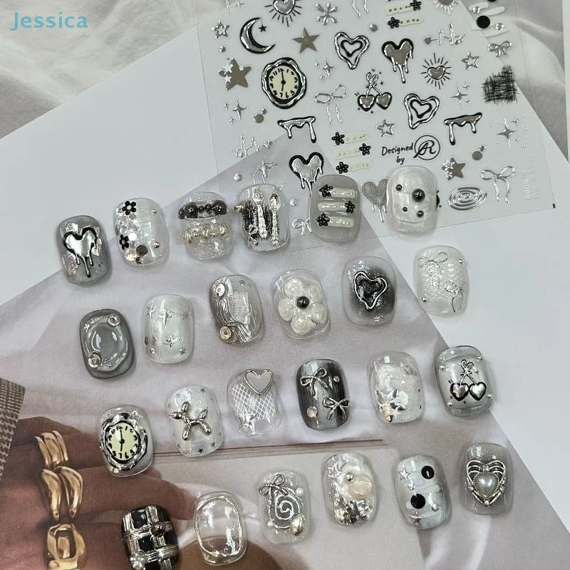 ♥ ثلاثية الأبعاد مسمار الفن ملصقات الفضة الحمم البركانية حلقة الكرز ساعة ساعة الحب معدل ضربات القلب الرسم البياني القمر ستار خط القوس خط مانيكير الشارات #3