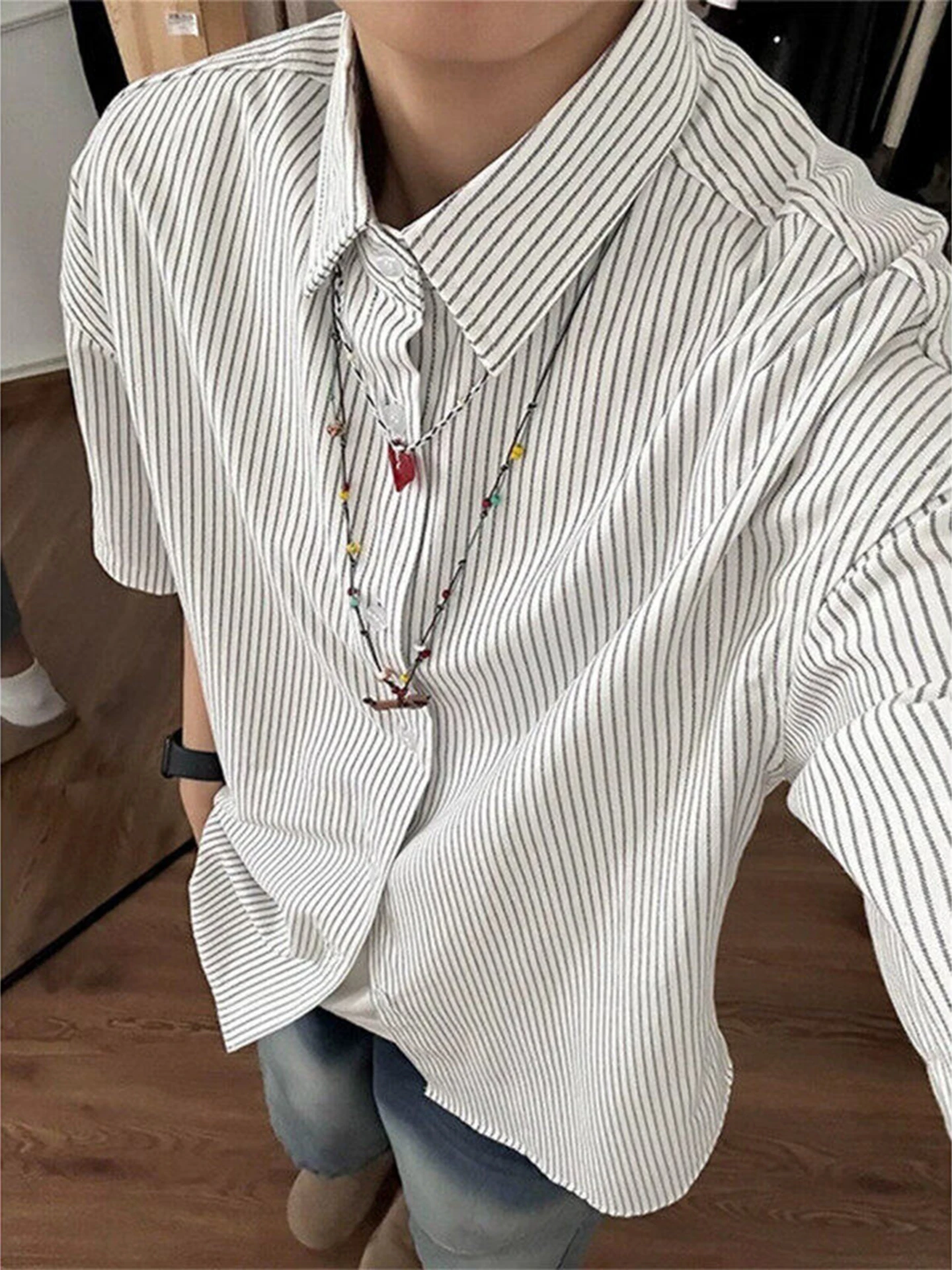 

White Striped ort Sve irt Men's Summer Thin Retro Youth Feel Trendy Brand Turn-down Collar Jaet Loose Fit Youthful S...