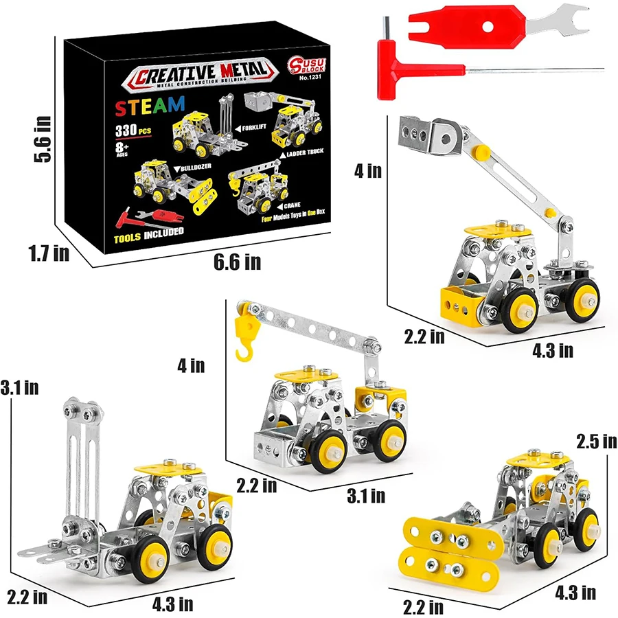 330pc 4in1 jouets de Construction véhicules d'ingénierie en métal modèle kit bloc jouets 4 modèles véhicules de Construction ensembles de Construction pour les enfants