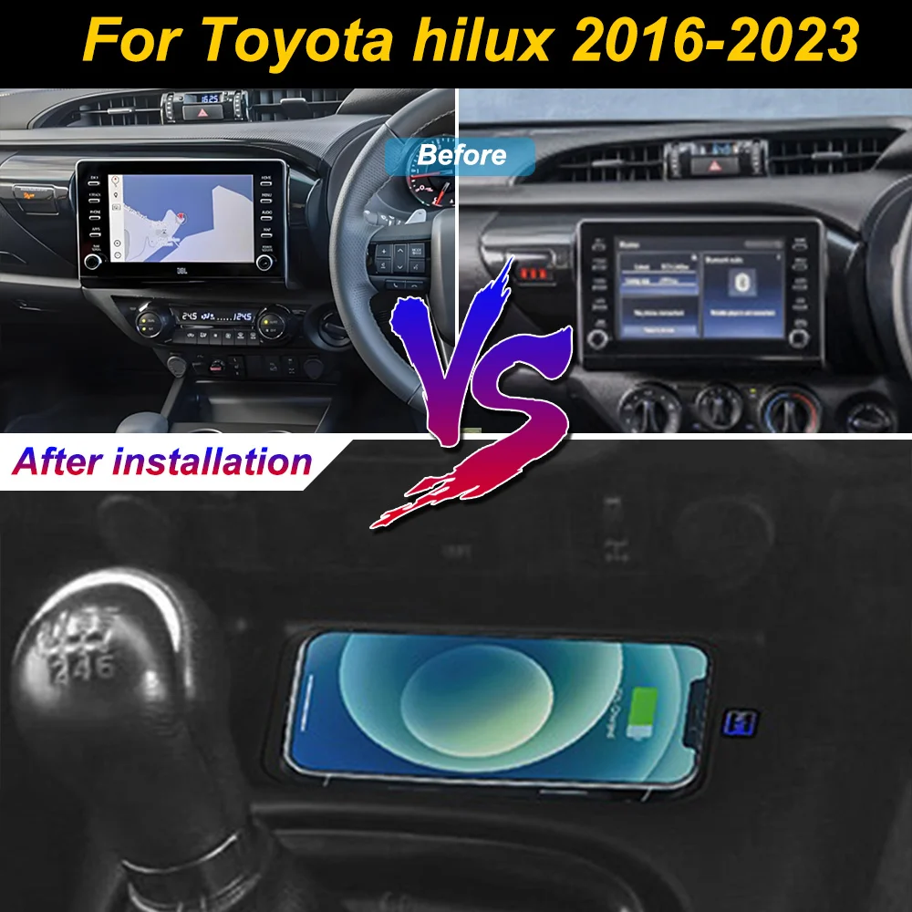 Carregador de celular sem fio 2 Din para Toyota Hilux 2016-2023, com compartimento de armazenamento no console central, placa de carregamento rápido d