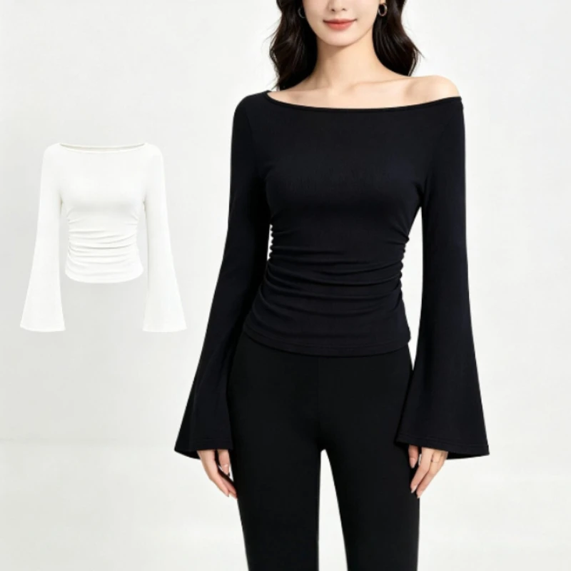 B 2026 Women's New Fashion Trend Elegant and Comfortable Commuting Hot Girl Solid Color Bell Sleeve Slim Pleated Women's Top