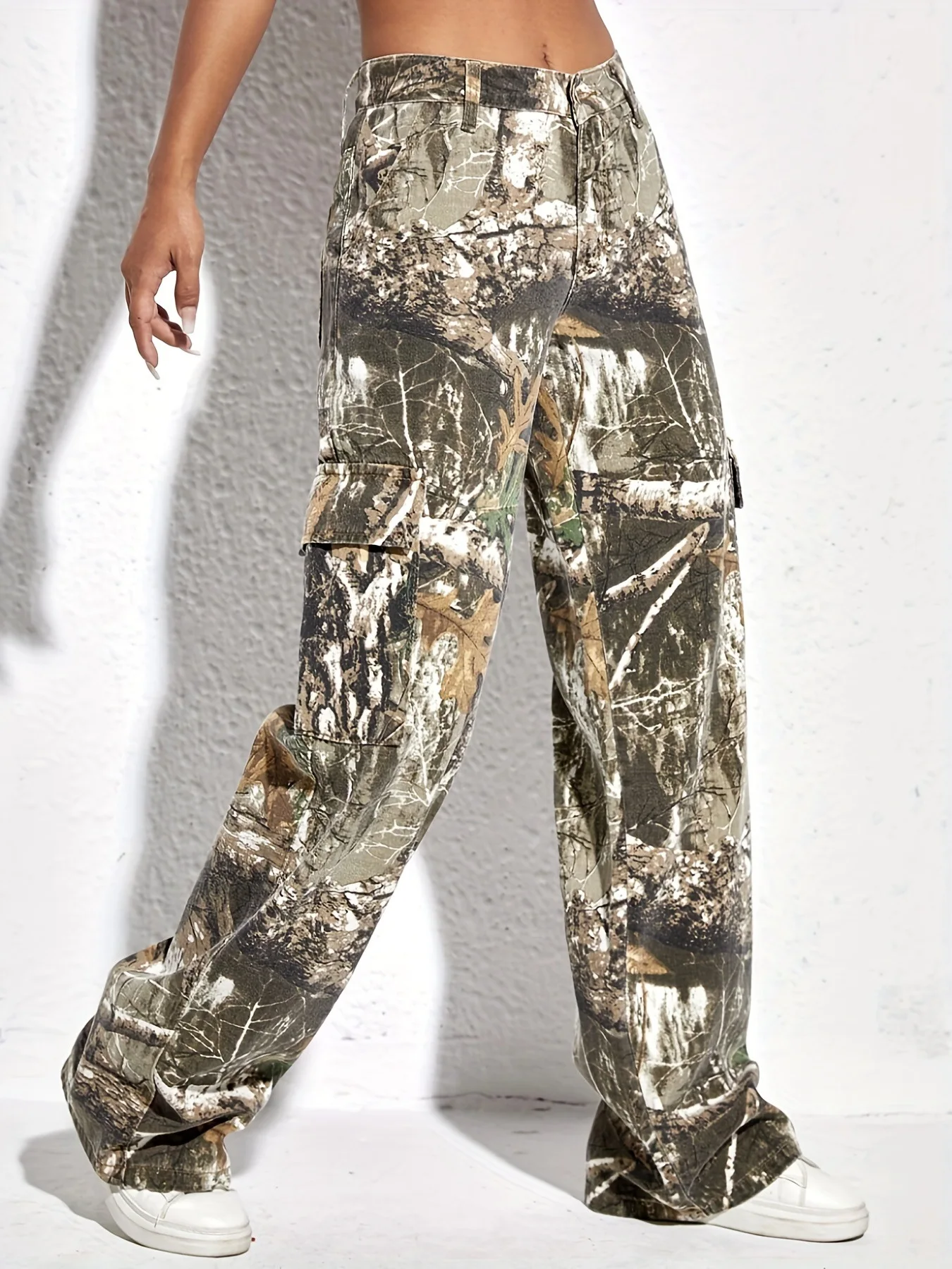 Autumn Fashion Camouflage Print Straight Pants Women High Waisted Button Pocket Loose Trousers Casual Female Sporty Bottoms