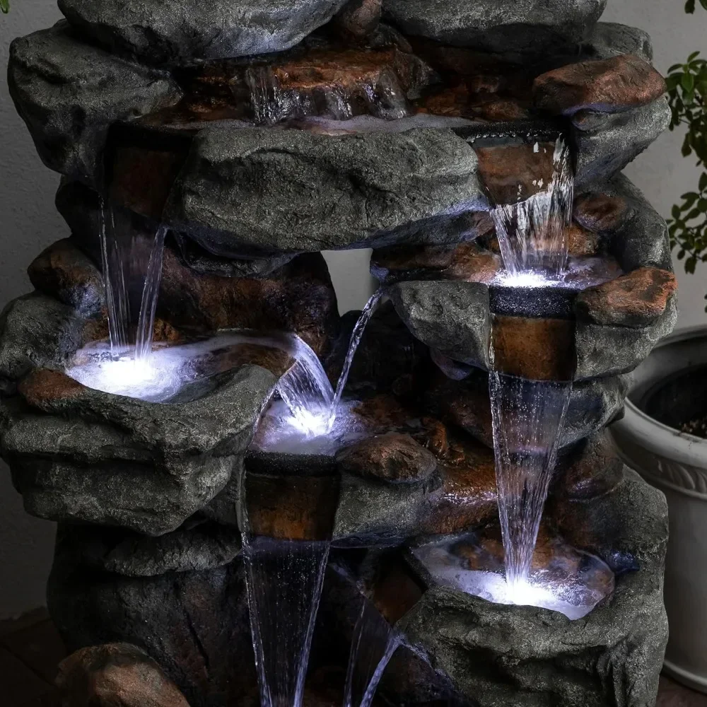 

54" Tall Indoor/Outdoor 5-Tier Waterfall Rock Fountain with LED Lights