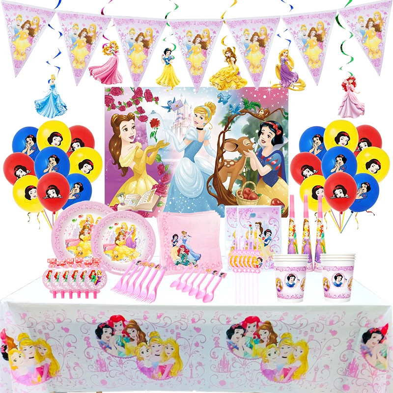 

Disney Princess Birthday Party Decoration Children Gift Bags Tableware Candy Box Baby Shower Background Snow White Balloons