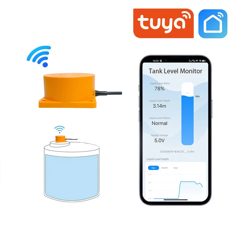 sensor de nivel sem fio ultrassonico com indicador de alarme agua combustivel oleo liquido monitor remoto do nivel do tanque tuya app me201w 01