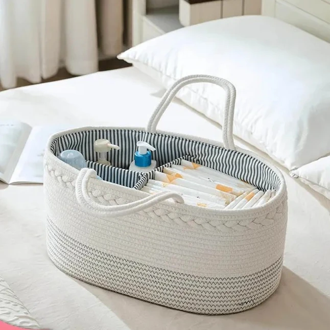 

Portable Baby Diaper Organizer Foldable Storage Basket Cotton Rope Mommy Bag