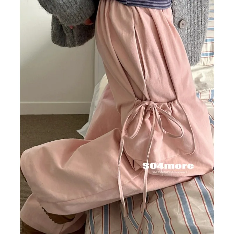 Vintage Bow Lace-up Pockets Casual Cargo Pants Women 2024 Spring New High Waist Solid Color All Match Pleated Wide Leg Pants