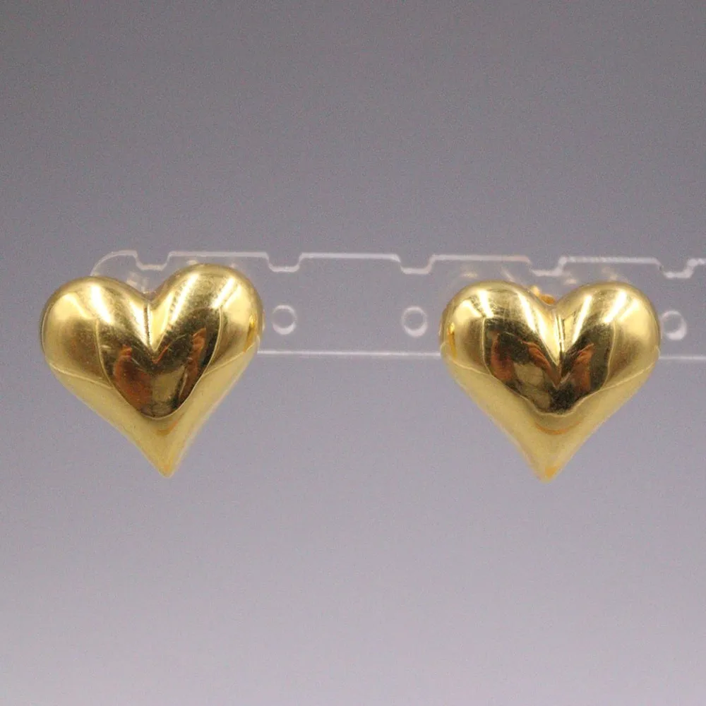 Real Pure 18K Yellow Gold Stud Women Gift Lucky Hollow Glossy Heart Earrings 3.05g