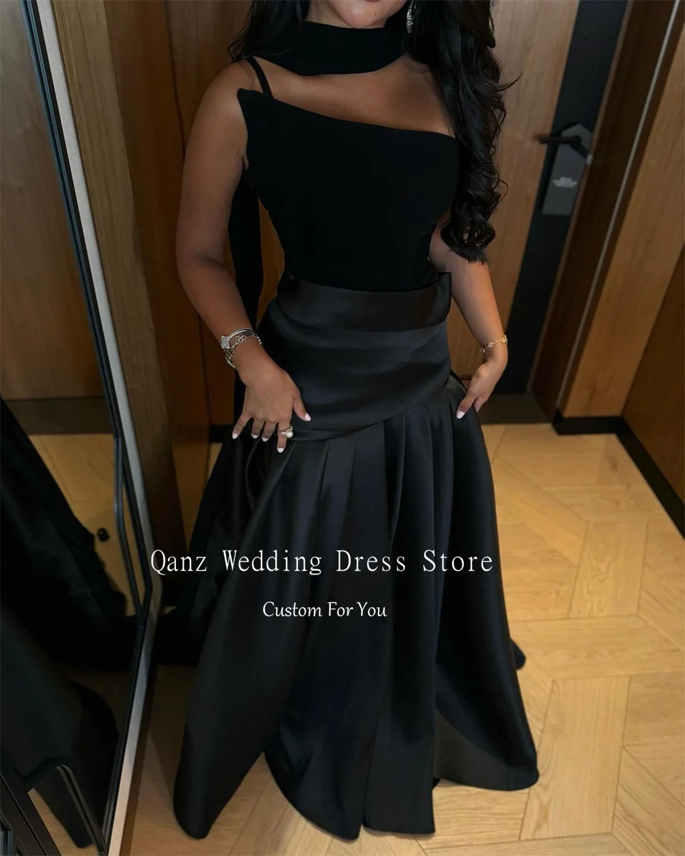 Qanz Elegant Black Evening Dresses Saudi Arabia Dubai Luxury Dresses Women Ruched Formal Occasion Dress Women Customized 2024