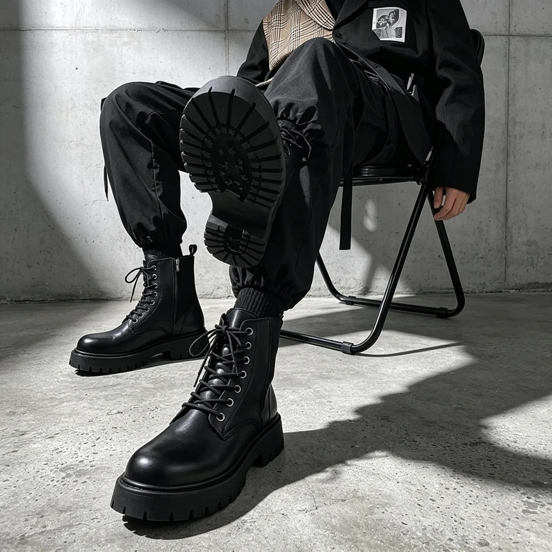 Autumn British Style Mid-top Work Boots Black Leather Motorcycle Boots Side Zipper Height Increasing Thick Sole Casual Footwear
