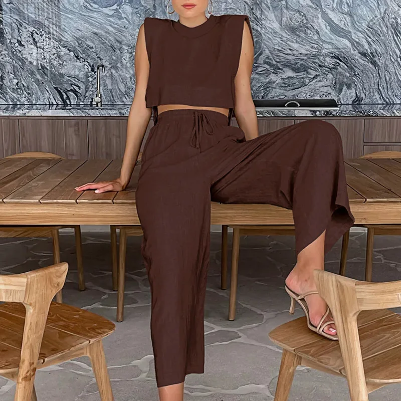 Sleeveless Linen Top With Matching Wide Leg Drawstring Pants Designed For Laid Back Summer Holidays Relaxed Everyday Dressing