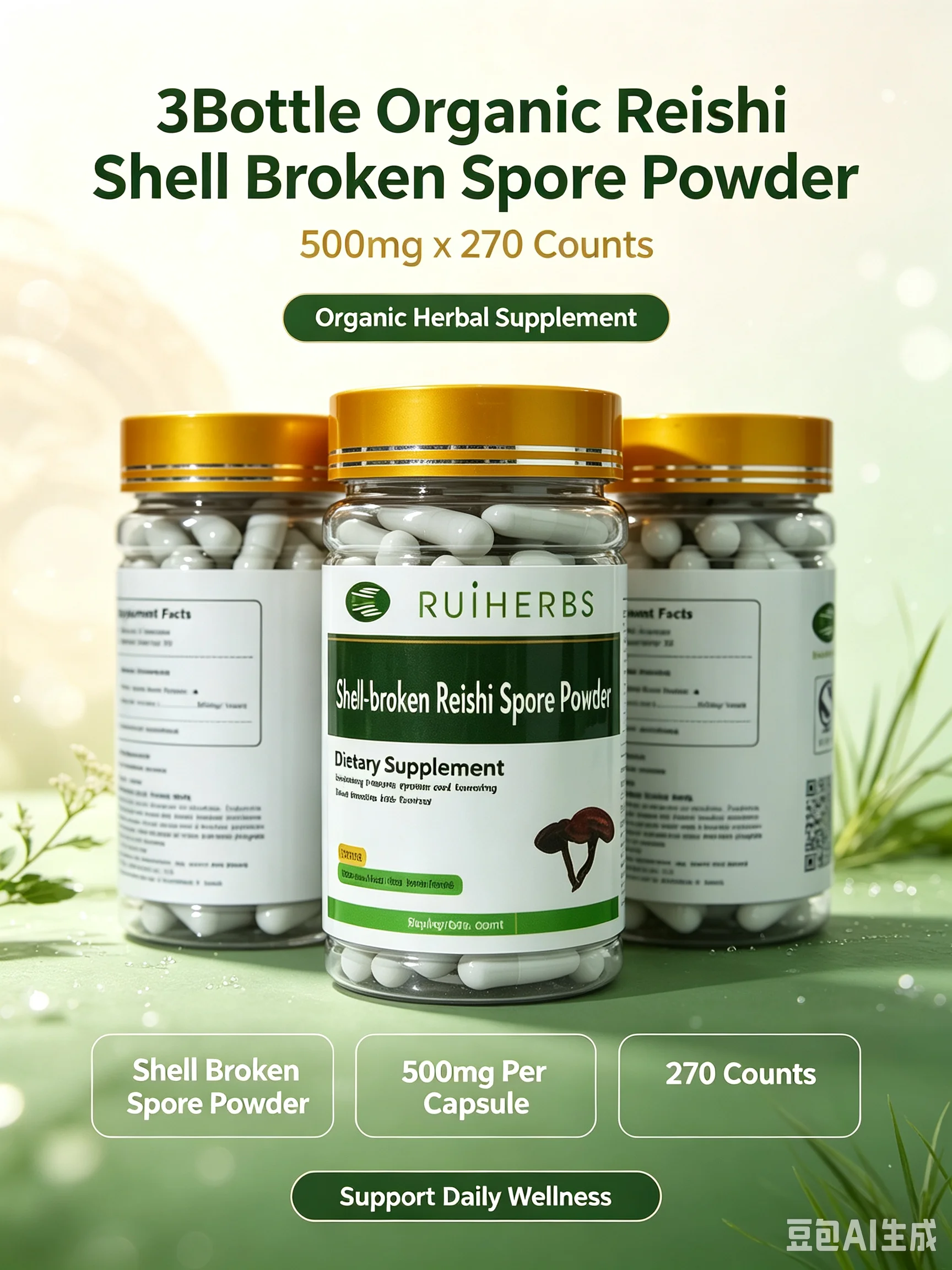 3Bottle Organic Reishi Shell Broken Spore Powder 500mg x 270 Counts