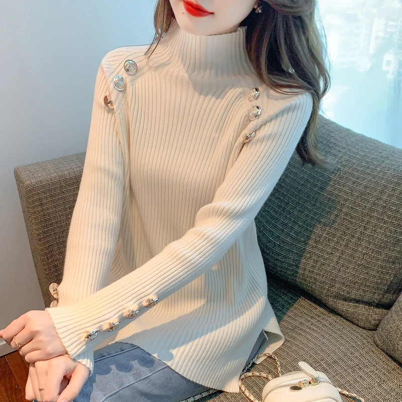 

Real time 2023 Autumn and Winter New Underlay Half High Neck Loose Medium Length Knitted Shirt Top Sweater Long Sleeve Female