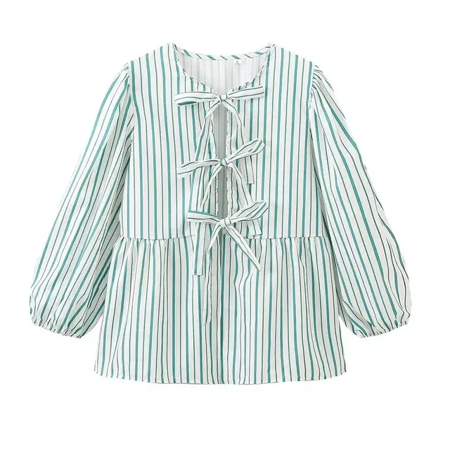 

BabYoung Stylish Puff Blouse For Women 2024 Spring Bow Lace Up Long Sleeves Elegant Round Neck Vintage Summer Cute Tops