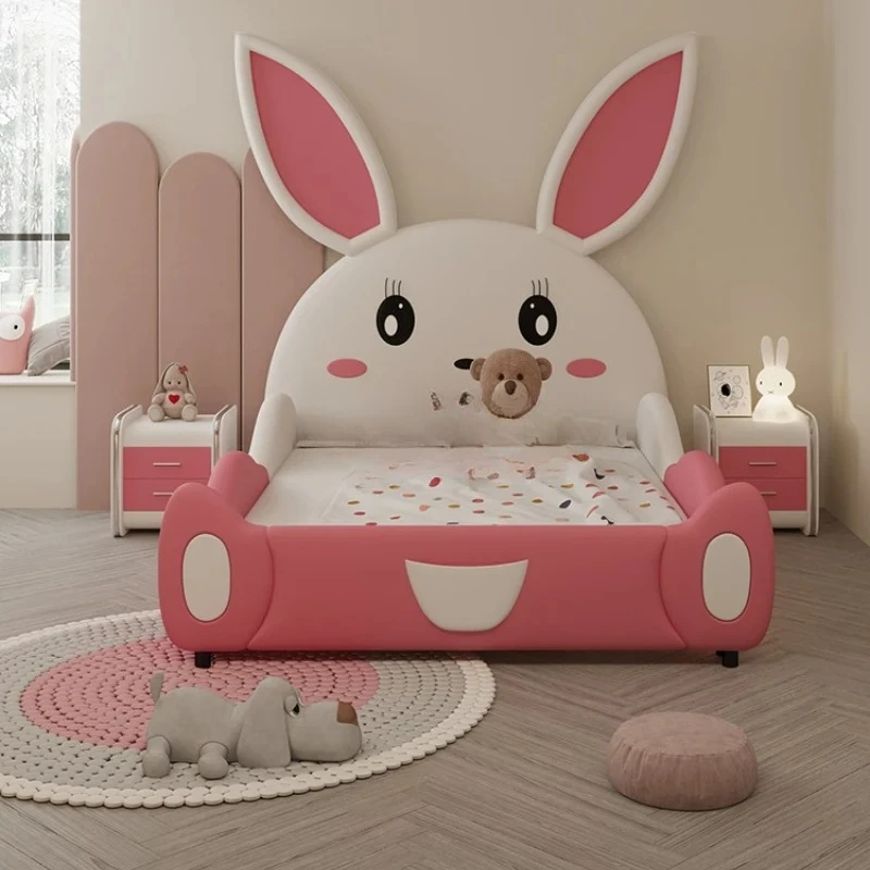 

Net Red Rabbit Bed Children Leather Bed Girl Single with Protective Fence Fall Protection